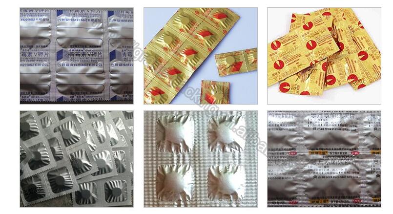 응용 프로그램 : 태블릿, 캡슐, 태블릿, 큰 발포성 태블릿, 사탕, 알타 파마, 목구멍 lozenga 등과 같은 약을위한 스트립 물집 포장 기계